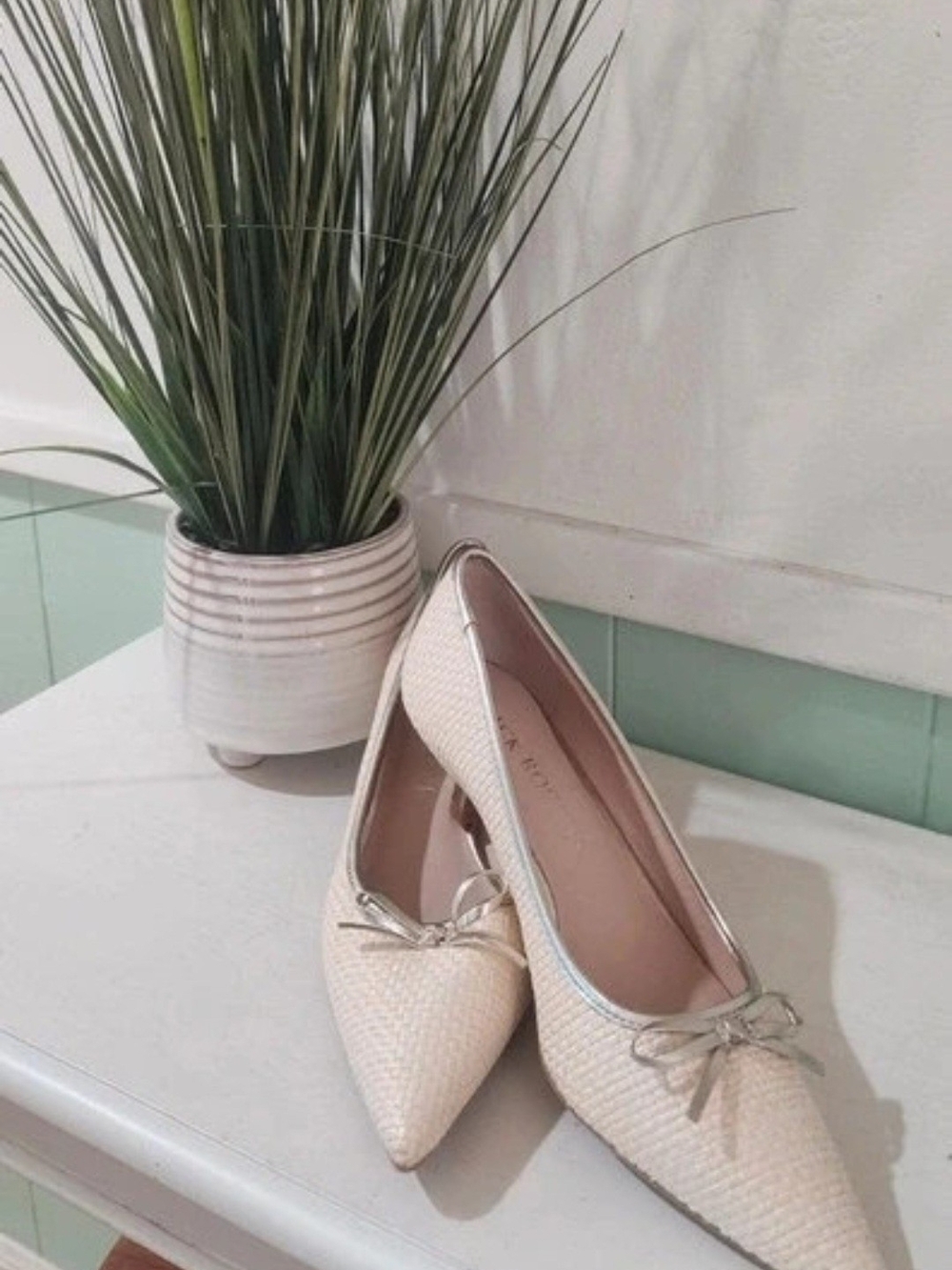 Jack Rogers Cream Woven Pointed Ballet Flats with Bow